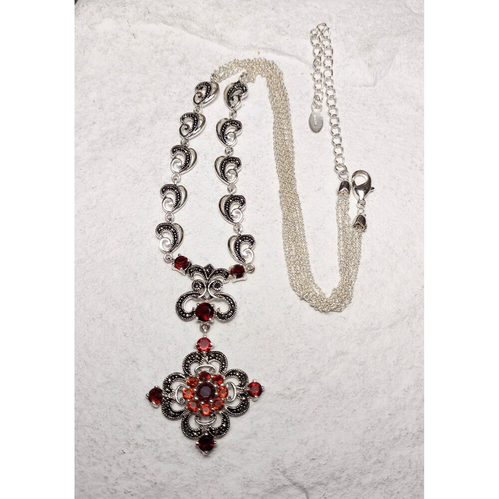 Ornate Garnet CZ Marcasite Silver Filigree Pendant Necklace Signed - Picture 2 of 12